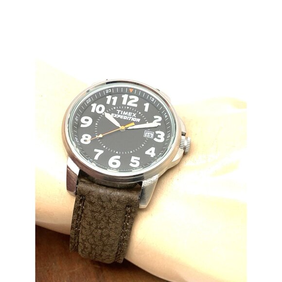 Timex Men's Watch T44921 Expedition Quartz Indiglo Black Dial Brown Leather 40mm - Picture 5 of 14